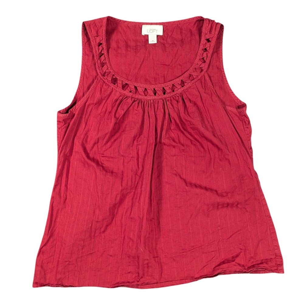 Ann Taylor Loft Red Lattice Neck Sleeveless Tank Top Shell Size 10 Cotton Stripe